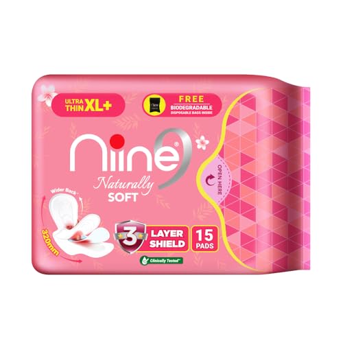 Image of NIINE Naturally Soft Ultra Thin XL+ Sanitary Napkins for Heavy Flow (Pack of 2) 30 Pads with Free Biodegradable Disposal Bags