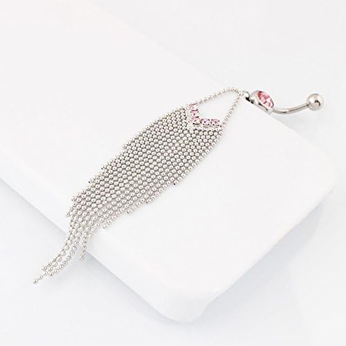 IrbingNii Belly Button Rings Long Dangle Belly Piercing 316L Stainless Steel Pink Tassels Body Chain Belly Rings for Women 14G
