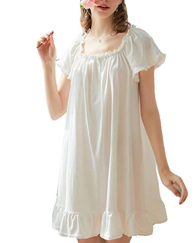 Femmes Palais Douce Manche Courte Chemise de Nuit Victorienne Princesse Grande Taille Ample Pyjama de Couleur Unie Vêtements de Nuit à Volants avec Dentelle Blanche M Cover
