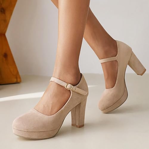 Agodor Women's Chunky Heel Mary Jane Lolita Platform Shoes Suede Round Toe Block Heel Pumps (US 8.5, Beige2)3