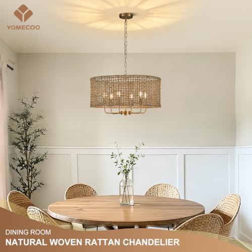 Image of 23.6 inch Large Rattan Chandelier, 6-Light Gold Wicker Light Fixture