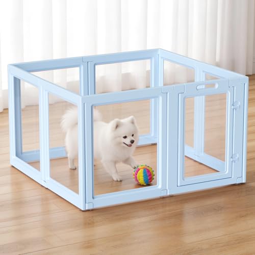 DIY Clear Acrylic Dog Playpen House,Quick Easy Assembly and Disassembly,Strong Floor Suction,Indoor and Outdoor Use,Easy Cleansing Puppy Fence (Sky Bl