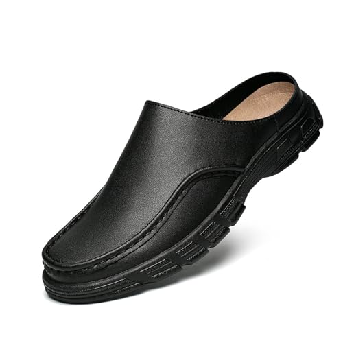 Mens Genuine Leather Soft Bottom Mule Sandals Luxury Wide Round Toe Slip On Formal Wear Dress Loafers Casual Breathable Walking Slippers