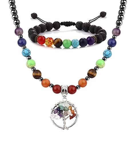 Morfetto Femmes Hommes 7 Chakra Collier Bracelet Ensemble Cristal énergie Pierre de Lave Perles Yoga méditation Pendentif Collier Bracelet Bijoux Cover