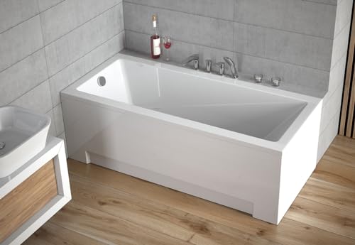 ECOLAM Badewanne Modern 170x70 cm Schürze | Acrylwanne Rechteck | Wanne Design | Komplett-Set Ablaufgarnitur Ab- und Überlauf Automatik Füße + Silikon Acryl weiß – Bild 3