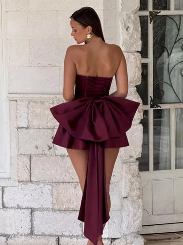 Satin Homecoming Dresses Strapless Corset Cocktail Party Gown Short A-Line HOCO Dress with Bow3