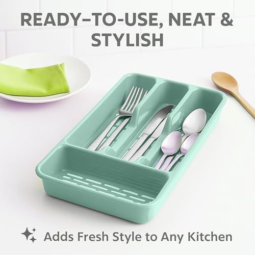 Small Tier Cutlery Tray Classic in Mint Green | BPA Free Plastic Drawer Organizer with 4 Compartments | Durable Kitchen Storage for Spoons Forks Knives Kids Cutlery | Space Saving Design - Image 6