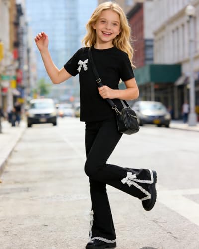 Image of OLMRJKD Kid Toddler Girl Clothes Outfits Short Sleeve Butterfly Top Flared Leg Pants Summer Clothing Set