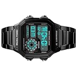 Domary Orologio da Uomo Sportivo in Acciaio Inossidabile, Digitale, Retroilluminazione, Cronografo, Doppio Fuso Orario, Allarme, Conto alla Rovescia per Fitness e Sport, Nero, Oro (Nero)