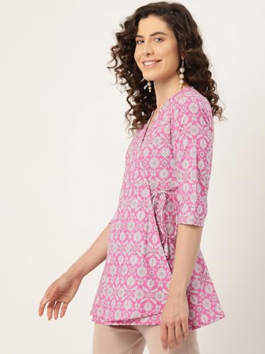 Image of feranoid Floral Print Angrakha 3 Sleeves Flared Kurti