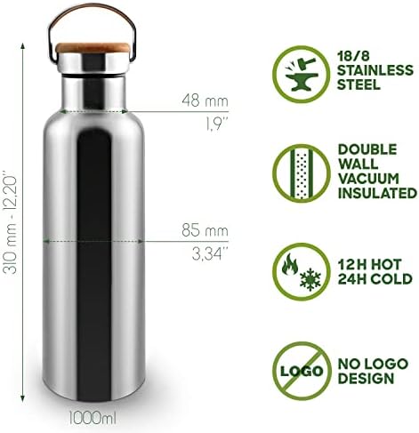 Bambaw Insulated Water Bottle | Stainless Steel Water Bottle 1000 ml | Eco Friendly Reusable Bottle | Leakproof and Plastic Free metal water bottle| Keeps Hot and Cold Drinks | Eco Water bottle