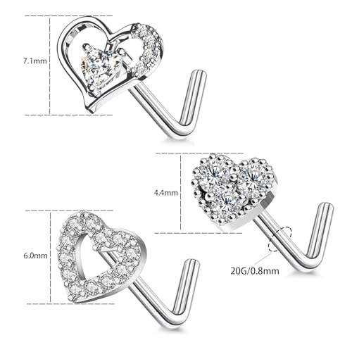 CHARMONLINE 3Pcs 20G Heart Nose Rings 316L Stainless Steel L Shaped CZ Nose Studs Nose Rings Nose Piercing Jewelry for Women Men by CHARMONLINE - Image 6