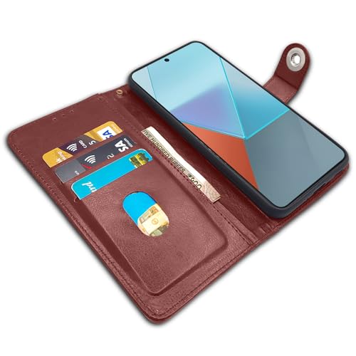 Image of Pikkme Redmi Note 13 Pro 5G Flip Cover Leather Finish | Inside TPU with Card Pockets | Wallet Stand and Shock Proof | Complete Protection Button Flip Case (Brown)