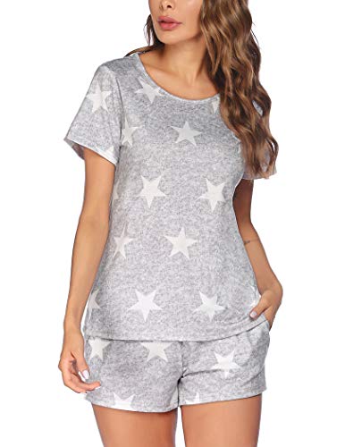 Ekouaer Women's Short Sleeve Sleepwear Tops with Capri Pants 2 Piece Star Pajama Sets