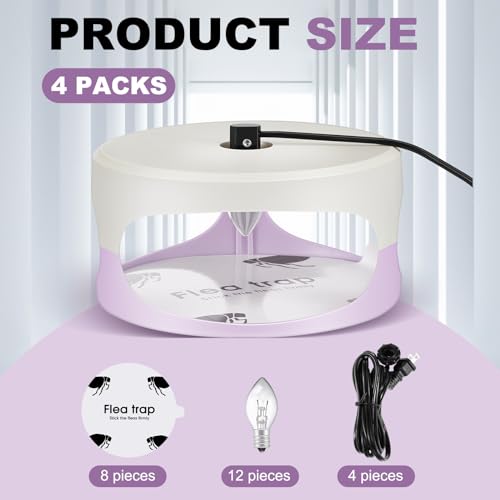 Image of 4 Packs Flea Traps for Inside Your Home, White, Purple | Includes 8 Sticky Pads, 12 Bulbs, 4 Electric Wires, Flea Killer Indoor Bed Bug Light Trap, for Home Indoor Safe to Pets