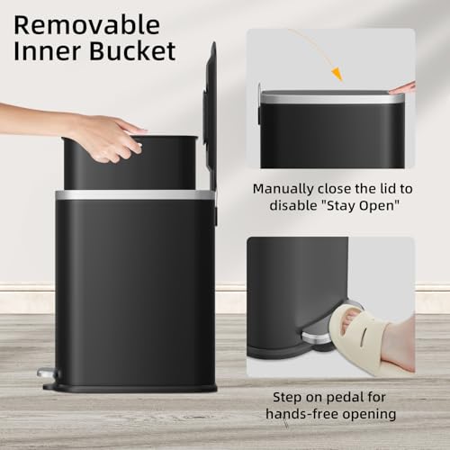 Image of KUK Slim Bathroom Trash Can with Lid Soft Close, Step Pedal, 2.6 Gal / 10L Stainless Steel Garbage Can with Removable Inner Bucket, Anti-Fingerprint Wastebasket for Office, Bedroom, Toilet (Black)