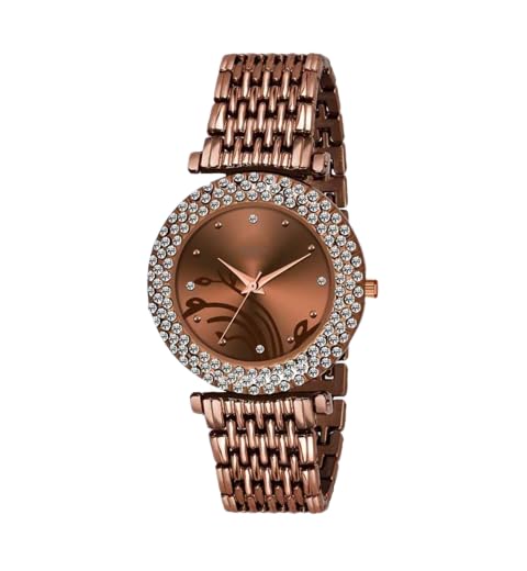 GIFFEMANS Stylish Round Diamoned Stone Dial with Metal Strap Analog Watch for Women/Ladies/Girls (Brown Stand) (B0CL26C6M7) Amazon Price History, Amazon Price Tracker