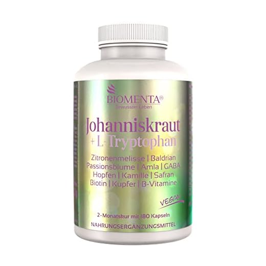 BIOMENTA Cápsulas de hierba de San Juan con L-triptófano, toronjil, valeriana, pasiflora, lúpulo, GABA, amla, manzanilla, azafrán, vitaminas y minerales - 180 cápsulas veganas
