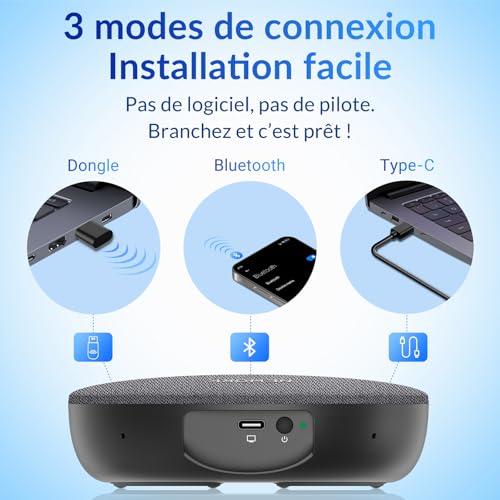 Haut-Parleur de conférence Bluetooth, 4 micros AI Capture vocale 360°, réduction du Bruit, Batterie 2600mAh, USB-C/Dongle, Daisy Chain pour Grandes salles, Compatible avec Zoom/Teams/Skype – Image 4