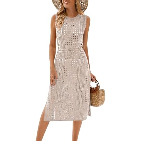 Uvog Womens Crochet Cover Up for Swimwear Fishnet Sleeveless Bathing Suit Cover Up Beach Dress Beige M Cover