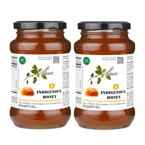 Image of INDIGENOUS HONEY Tulsi Basil Honey Raw Natural Pure Unprocessed NMR Tested Unpasteurized Unheated 530g Glass Jar Pack of 2