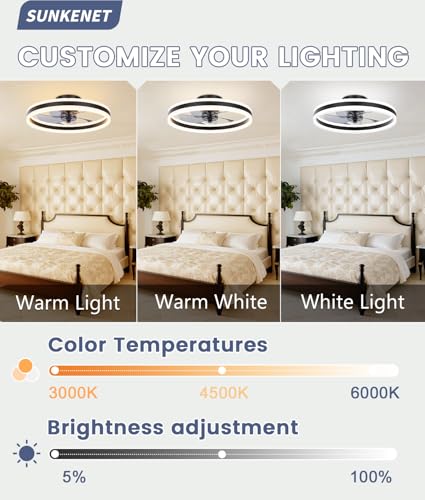 SUNKENET Ceiling Fans with Lights and Remote, 40cm Ceiling Fan Light, 3000K-6500K Dimmable Smart LED Fan Light, 6 Wind Speeds & Reversible, Black Modern Queit Fan Light Ceiling for Bedroom