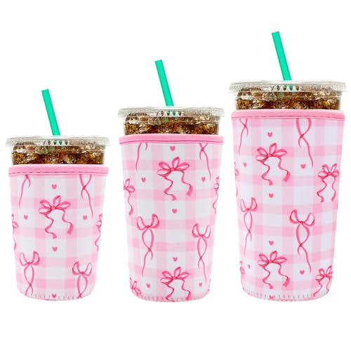 Image of YR Reusable Neoprene Insulator Sleeve for Iced Coffee Cups, 3 Pack Coffee Coolies sleeves for Iced & Hot Drinks, Cold Beverage Cooler Compatible with Starbucks Coffee and More (Cute Bows)