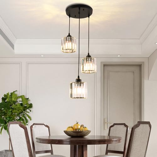 Cainjiazh Pendentifs en cristal pour plafond rond, lustres modernes en cristal pour îlot de cuisine, lustre ajustable pour salle à manger, foyer, entrée du salon, noir 3 lumières