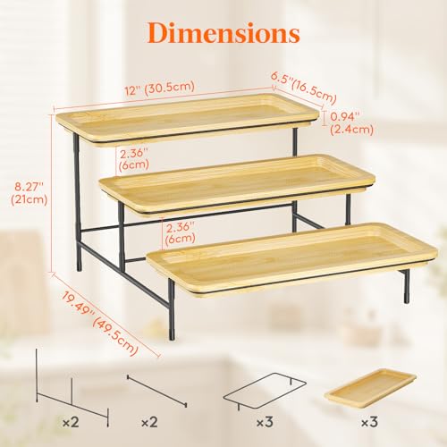Lifewit Etagere 3 Etagen, Bambus Servierplatte 30 x 17 cm/12x 6.5, Serviertablett mit Schwarzer Metallständer für Party Buffet Zubehör, Große Tabletts Displayständer für Gemüse Obst Desserts, Schwarz