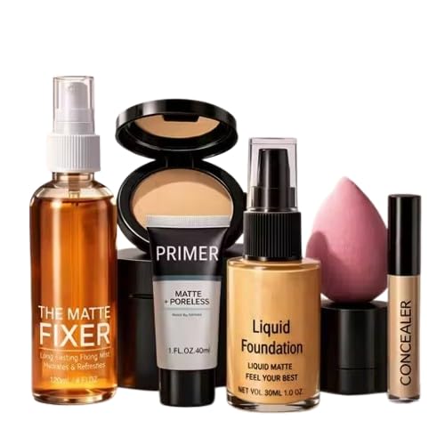 6-in-1 Complete Matte Face Base Makeup Combo Kit – Includes + Poreless Primer (40ml), Liquid Foundation (30ml), Liquid Concealer, Compact Powder, Fixer Setting Spray (120ml) & Beauty Blender Sponge-image-7