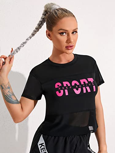 Makemechic Women's Workout Athletic Shirts Letter Graphic Mesh Insert Short Sleeve Crew Neck Stretch Sports Crop Tops Black L #TOP4
