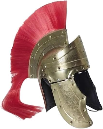 Medieval Roman Spartan Helmet with Red Plume – Antique Brass Finish Greek Warrior Armor Costume Helmet.