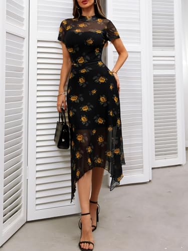 Image of GothDark Women's Wedding Guest Floral Print Vintage Goth Dress Mesh Spliced Double-Layered Irregular Hemline Midi Dresses