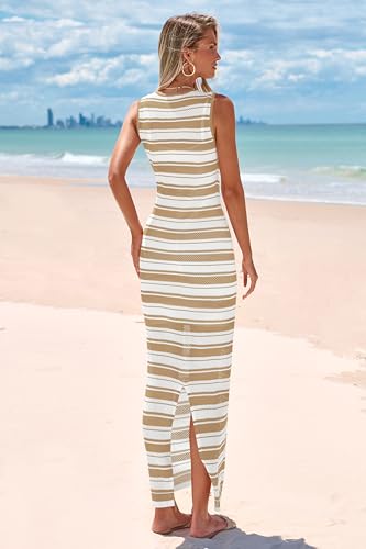 MASCOMODA Womens 2025 Striped Summer Dresses Crochet Swimsuit Coverup Sleeveless Tank Maxi Dress Beach Vacation Long Sundress3