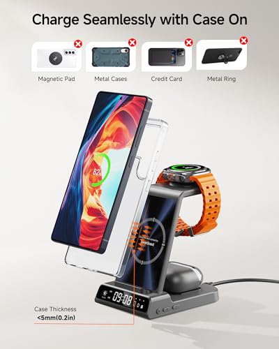 Image of 3 in 1 Wireless Charger for Samsung Galaxy S26 Ultra, Galaxy Watch 8, Buds | Dimmable LED clock, Dual-angle charging stand, Case-friendly, Compact & space-saving, Multi-protection, Charging indicator