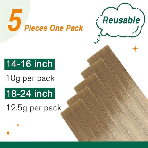 Image of Easyouth Tape in Human Hair Extensions Ombre Injection Tape in Extensions Light Golden Brown Ombre Platinum Blonde Hair Extension Tapes in 24 Inch 12.5G 5Pcs
