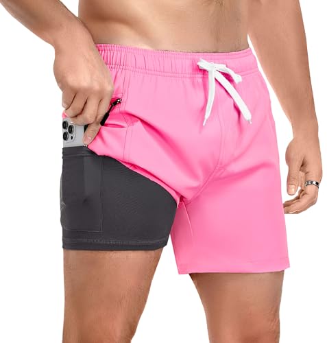 Vocanbomor 2 in 1 Mens Swim Trunks 5 Inch with Compression Liner Quick Dry Board Shorts with Zipper Pockets Pink L