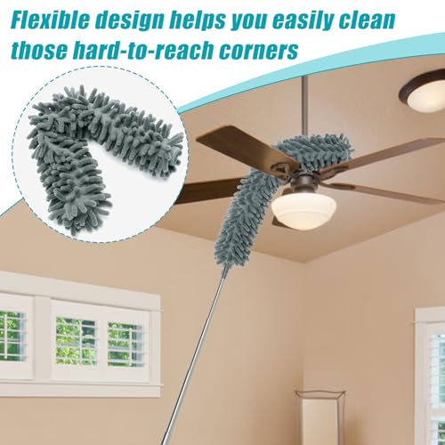 Image of Cobweb Duster with Extension Pole, Spider Web Brush with 96 Inches Extension Pole and 4 Pcs Dusting Tools 1 Fiber Duster, 1 Chenille, 1 Spider Web and 1 Blinds Brush