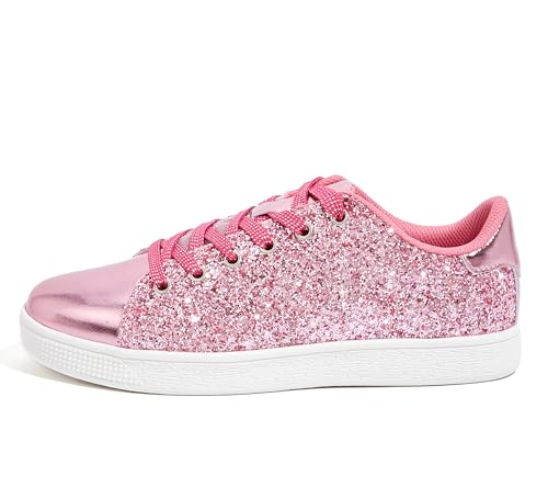 LUCKY STEP Damen Glitzer Sneaker | Schnüren Mode Schuhe | Glitzernde Bunt Turnschuhe für Damen (Heißes Rosa, 8.5US-39EU-6UK)