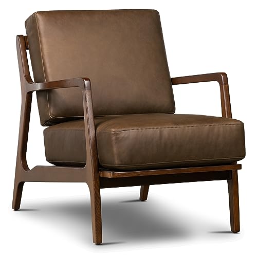 Image of Poly & BARK Verity Leather Accent Chair - Armchair with Walnut Wood Frame - Fashion-Forward Lounge Seating for Living Room - Upholstered in Cocoa Brown Leather for Modern Style