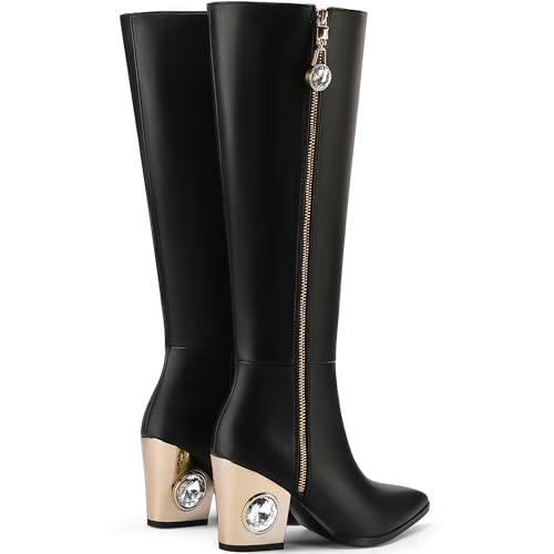 Knee High Boots for Women Cowboy Boots Chunky Heel Pointed Toe Cowgirl Boots with Rhinestone Side Zipper Tall Boots3
