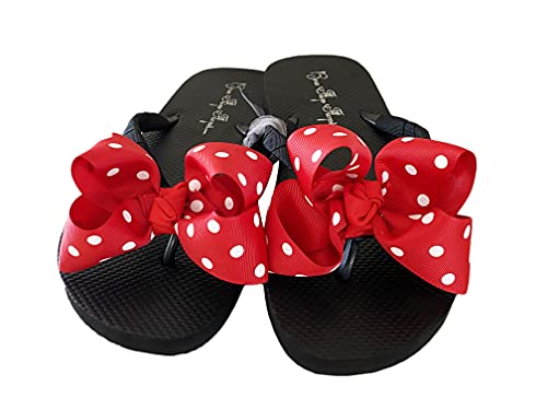 Red Polka Dot Bow Black Flat Flip Flops -Or Solid - Choose your Customized Ribbon Color
