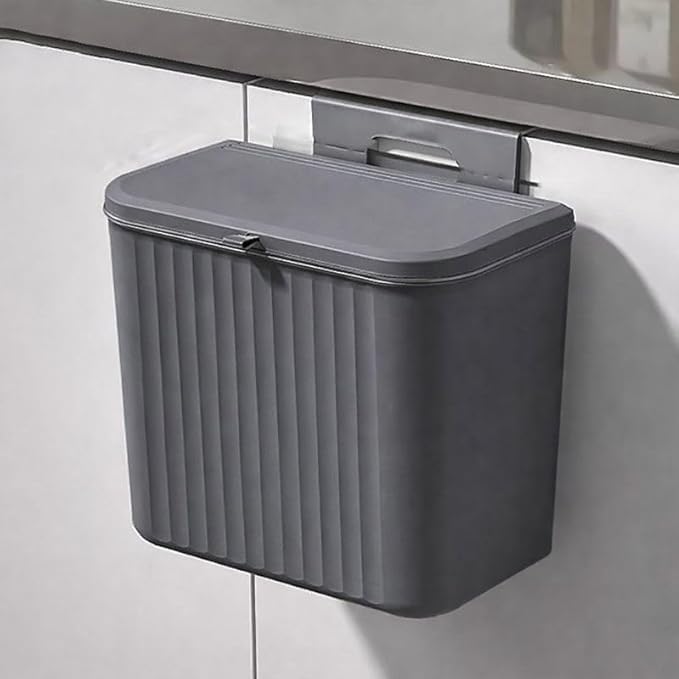 Image of SR Plastic Hanging Kitchen Trash Can with Lid- Cabinet Door Hanging Garbage Bin, Double-Sided Open Flip Lid, Wall Mounted Kitchen Waste Bin, Under Sink Storage Trash Bucket (7L) (Grey)