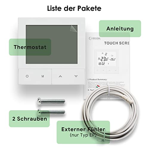 Fussbodenheizung Thermostat Digital, Beok Thermostate Heizung für Elektrische Fußbodenheizung Raumthermostat Fußbodenheizung 230v Heizungsthermostat TDS72-EP 16A Weiß