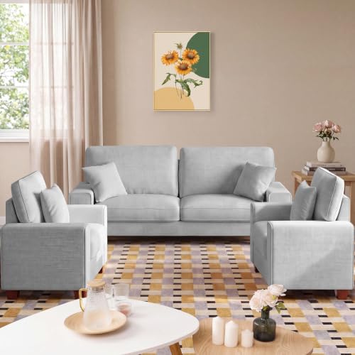 Image of DOPEDIO Modern Living Room Sofa Set, 71.25 inch Chenille Loveseat with 2 Accent Chairs, Removable Covers, Spring Cushions, Solid Wood Frame, Easy Assembly(71.25inch+2 Single,Light Gray)