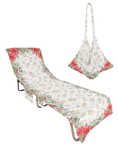 Christmas Poinsettia Beach Lounge Chair Towel Cover, Soft Chaise Lounge Towel with Side Pockets Patio Pool Chairs Cover for Beach/Pool Sunbathing 29x85 Winter Botanical Pink Cones Berry Snowflake