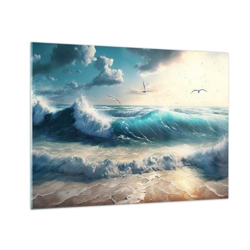 Moderne Impression sur Verre Mer Vagues Bord De Mer Image Tableau en Verre Decoration Murale 70x50cm Deco Cadre Salon Chambre Cuisine Horizontal Petit Tableaux Decoratifs Muraux Art Wall GAA70x50-5780