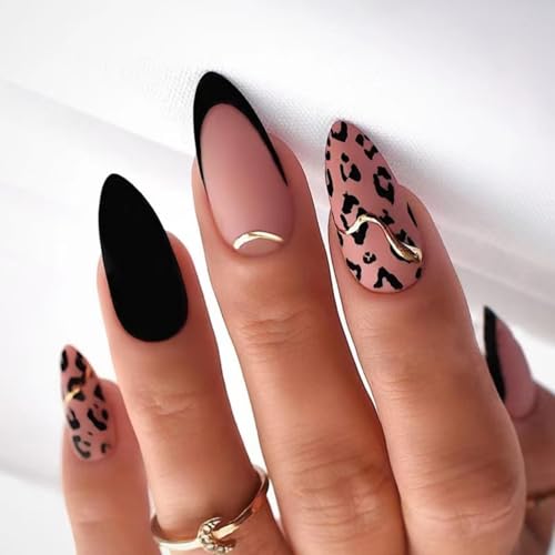 Image of Black French Tip Press On Nails - Nude Fake Nails Medium Almond False Nails with Gold Line Design Leopard Print Glue On Artificial Acrylic Full Cover Matte Stick On Nails for Women Manicure