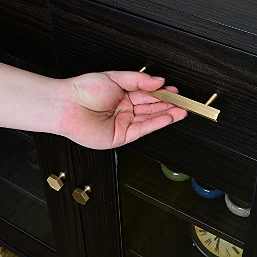 QogriSun 5-Pack Solid Brass Cabinet Pulls Hexagon Drawer Handles, 5-Inch Hole Center, Suitable for Kitchen Bathroom Dresser Cupboard Hardware, 6.6-Inch Total Length, Brushed Finish - Thumbnail 4