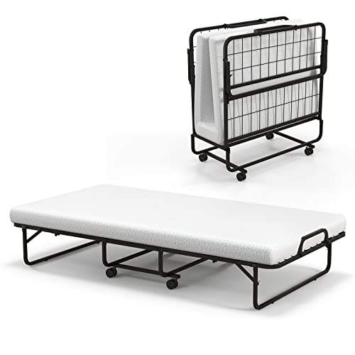 GIANTEX Gästebett klappbar, Klappbett 96x191 cm Erwachsene, Reisebett mit Matratze Memory-Foam, klappbares Bett 4 Rollen, Einzelbett mit Lattenrost Metall, Faltbett Metallbett bis 180 kg belastbar